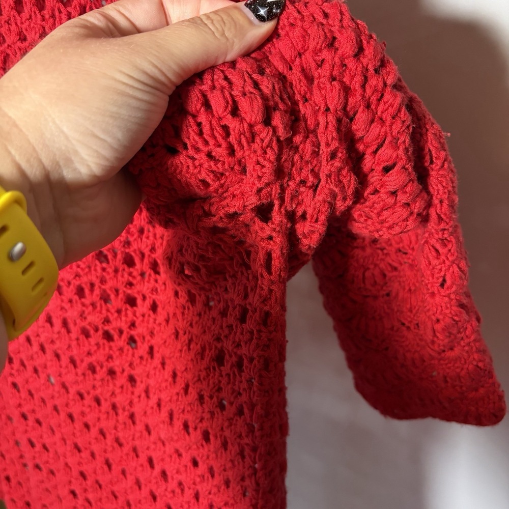 VTG 1X Red Crochet Open Knit 3/4 Sleeve Cottage Cardigan Button Grandma 90s Y2K - Picture 10 of 15